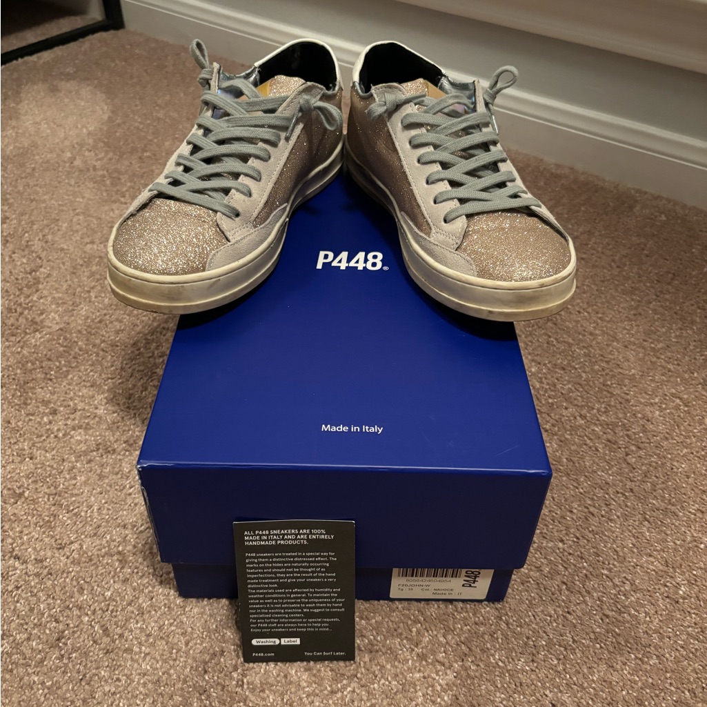 P448 Gold Champagne Glitter Low Top John Sneakers W/ Iridescent Tongue Eu 35